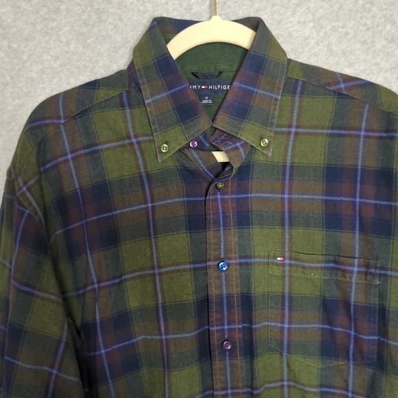 Vintage Tommy Hilfiger Mens M Button Down Plaid Flannel Long Sleeve Shirt Y2K - Picture 1 of 9